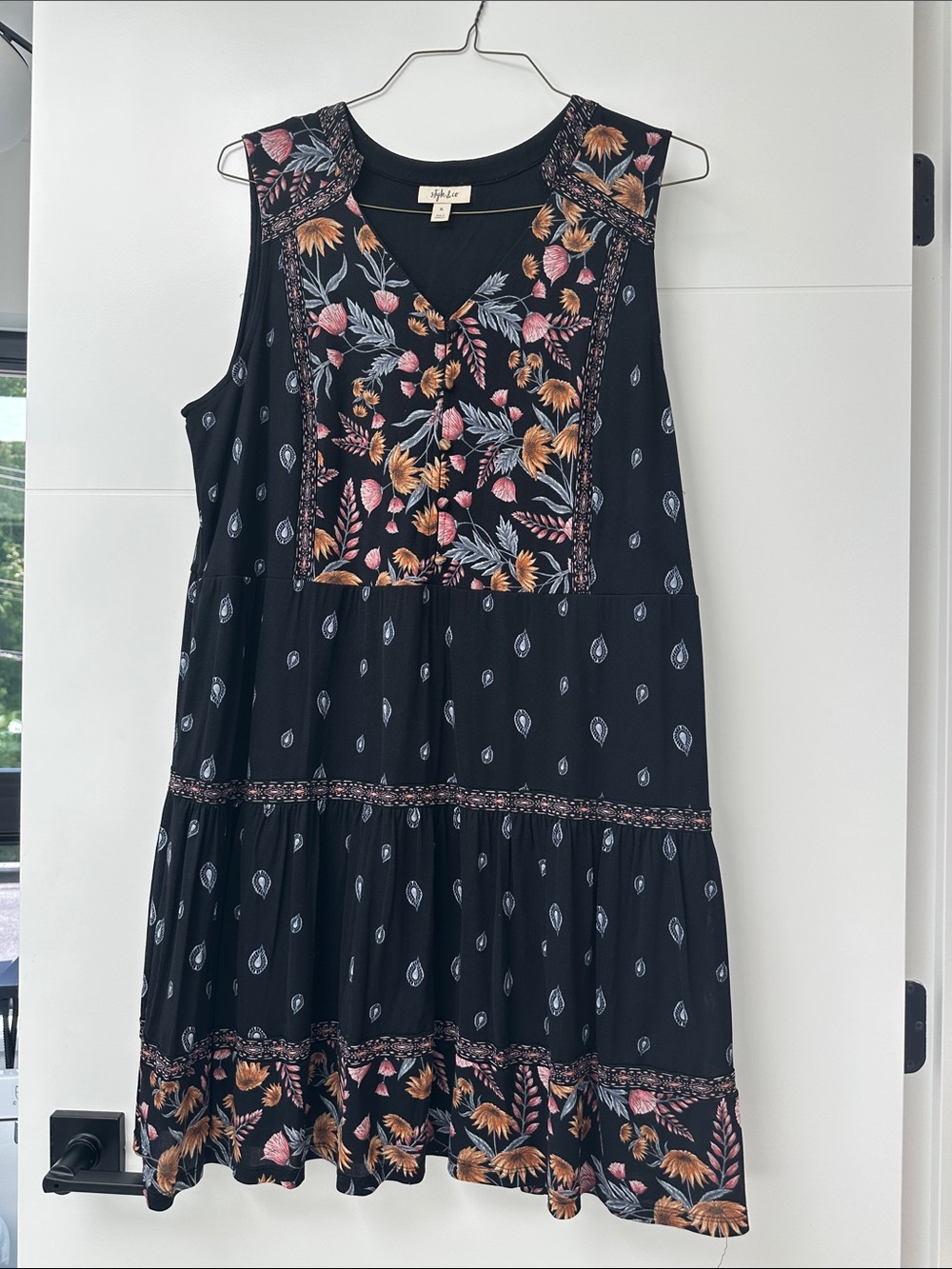 Style & Co. Black Sleeveless Midi Dress with Pink & Gold Floral Print